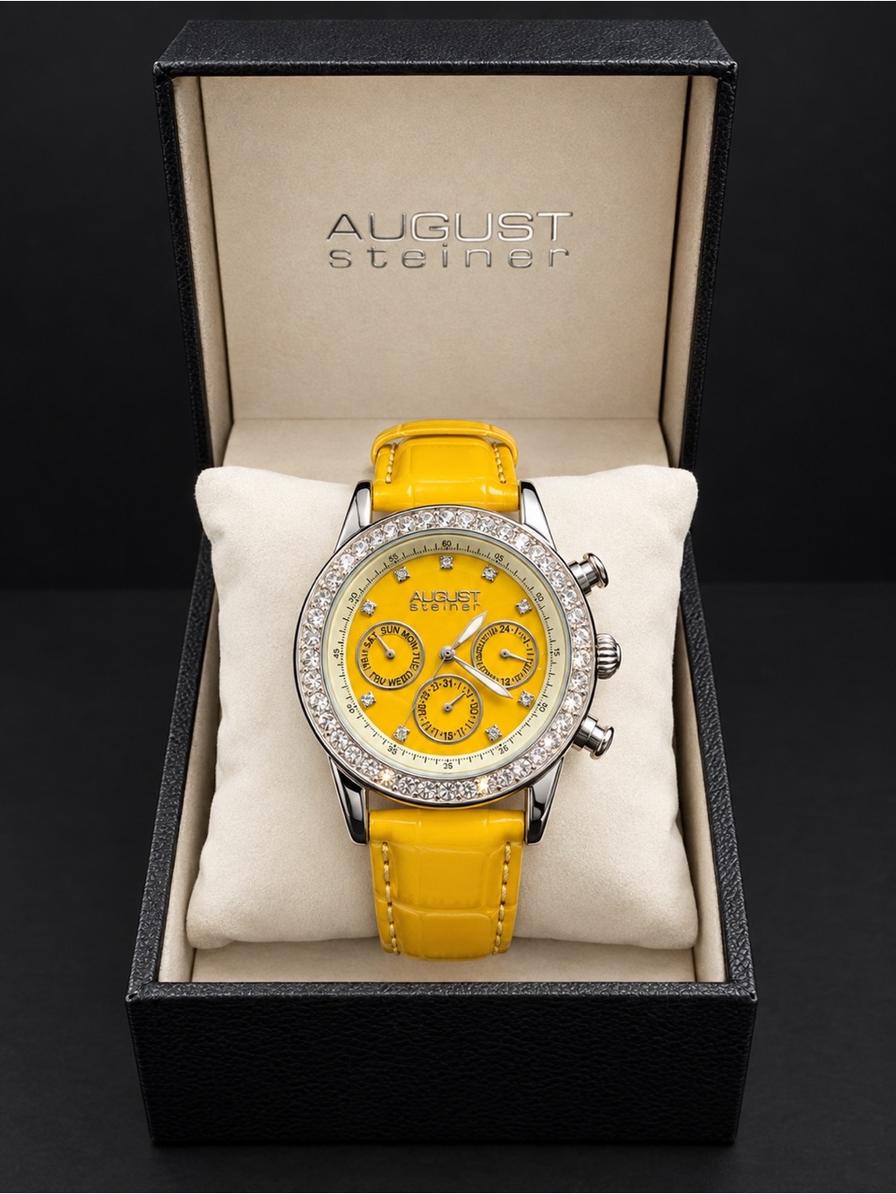 August Steiner Yellow Dial Chronograph Watch w/Crystal Bezel, Leather Strap, NIB